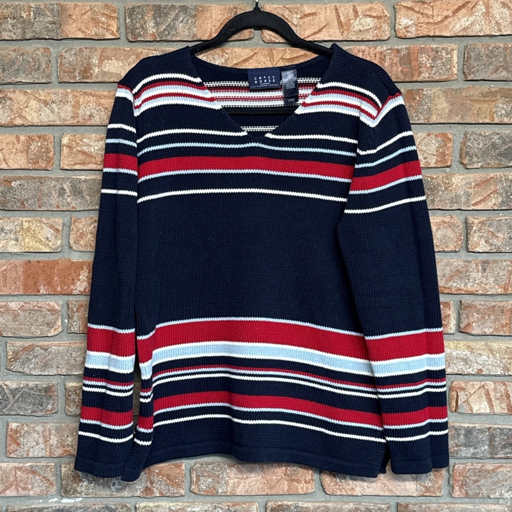 Liz Claiborne Crazy Horse Knit Sweater  SZ L Pullover V Neck Nautical Preppy 90s